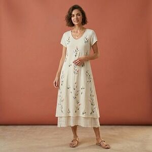 Blue Sky Design | White Floral Rayon Layered Hem V-Neck Midi Dress